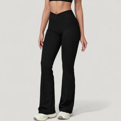 Anna-Kaci Active Women's Crossover Waist Flare Lounge Pants in Soft Woven Fabric with Relaxed Fit and Streamlined Silhouette