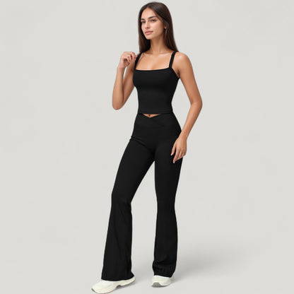 Anna-Kaci Active Women's Crossover Waist Flare Lounge Pants in Soft Woven Fabric with Relaxed Fit and Streamlined Silhouette