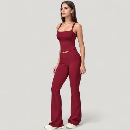 Anna-Kaci Active Women's Crossover Waist Flare Lounge Pants in Soft Woven Fabric with Relaxed Fit and Streamlined Silhouette