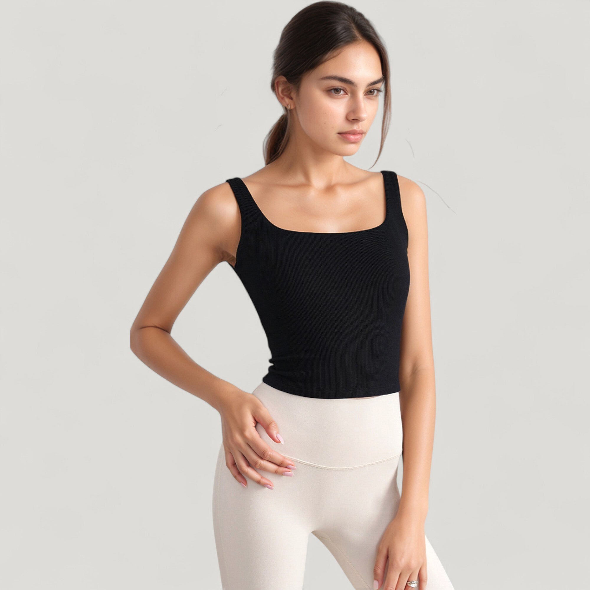 Anna-Kaci Active Women's Ribbed Knit Square Neck Tank Top with Wide Straps