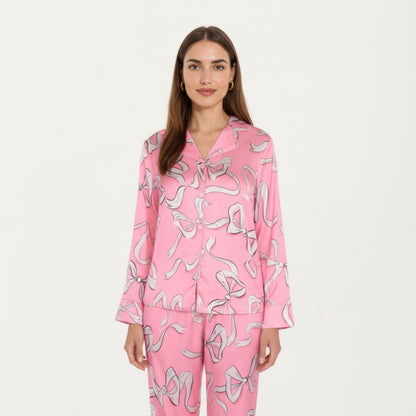 Anna-Kaci Lounge Women's 2-Piece Set Long Sleeve Button Front Pajama Set with Ribbon Print and Soft Silky Fabric for Relaxed Comfort