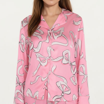 Anna-Kaci Lounge Women's 2-Piece Set Long Sleeve Button Front Pajama Set with Ribbon Print and Soft Silky Fabric for Relaxed Comfort