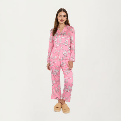 Anna-Kaci Lounge Women's 2-Piece Set Long Sleeve Button Front Pajama Set with Ribbon Print and Soft Silky Fabric for Relaxed Comfort