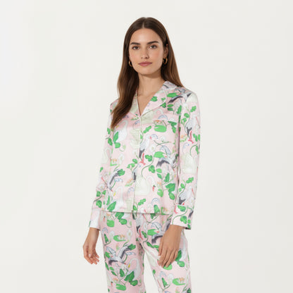 Anna-Kaci Lounge Women's 2-Piece Set Long Sleeve Button Front Pajama Set with Crane Print and Soft Silky Fabric for Relaxed Comfort