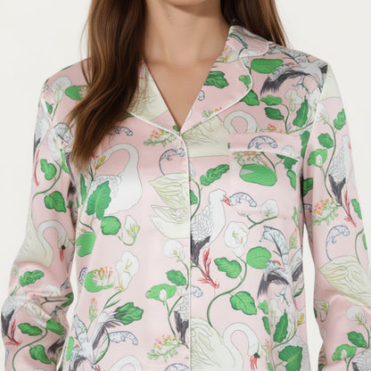 Anna-Kaci Lounge Women's 2-Piece Set Long Sleeve Button Front Pajama Set with Crane Print and Soft Silky Fabric for Relaxed Comfort
