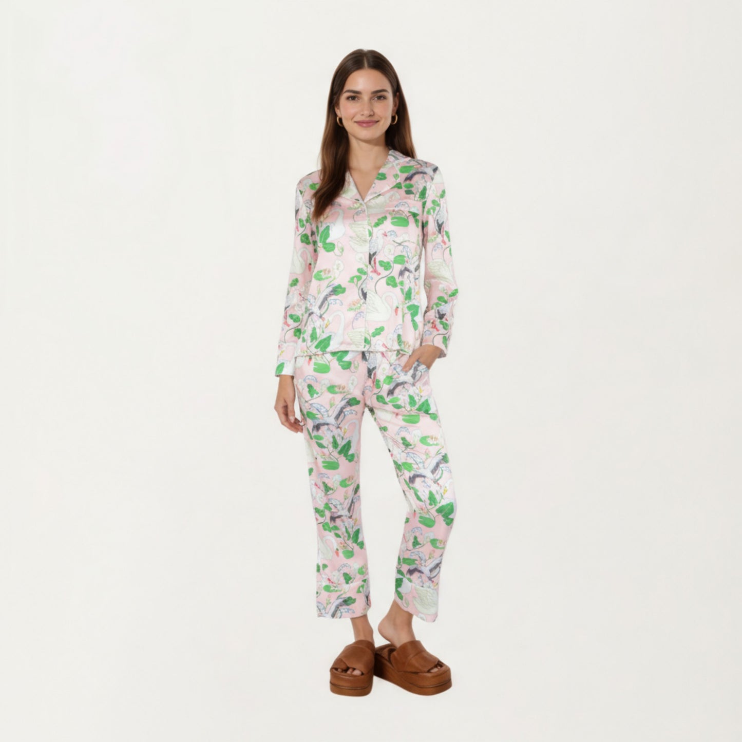 Anna-Kaci Lounge Women's 2-Piece Set Long Sleeve Button Front Pajama Set with Crane Print and Soft Silky Fabric for Relaxed Comfort