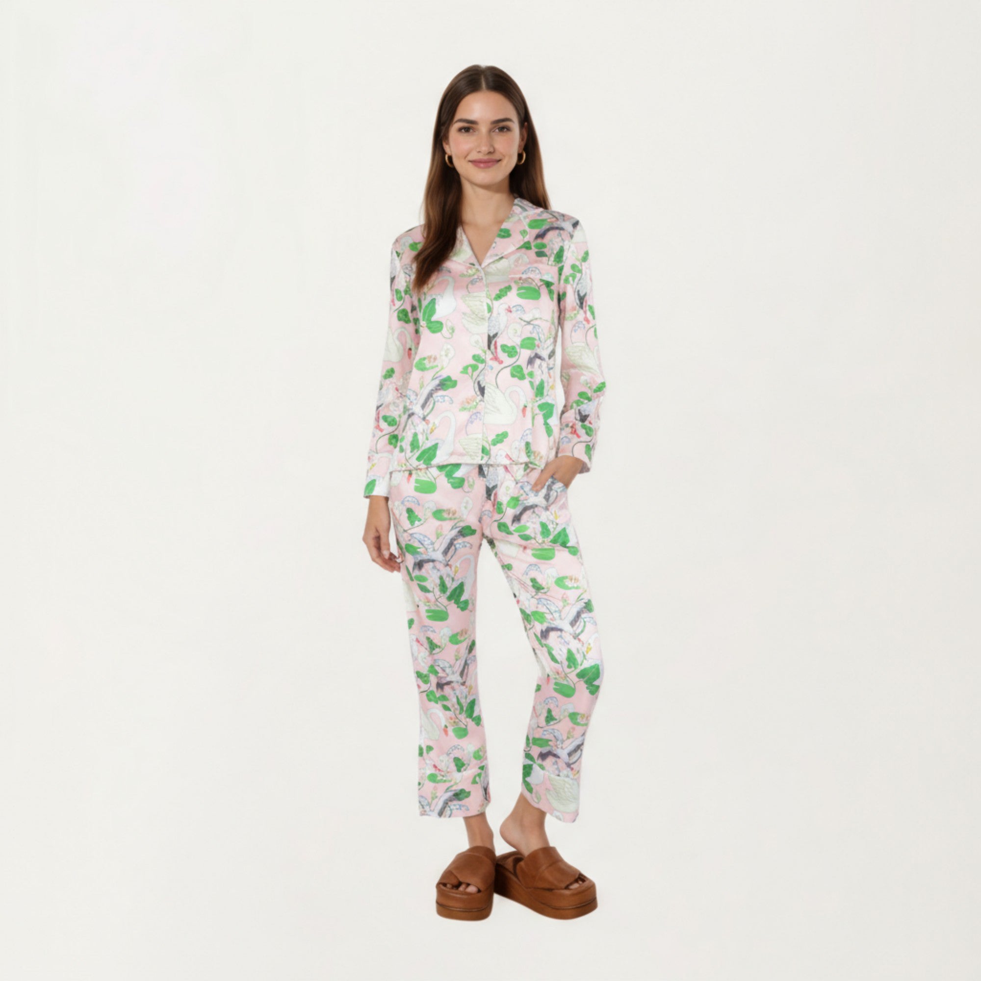 Anna-Kaci Lounge Women's 2-Piece Set Long Sleeve Button Front Pajama Set with Crane Print and Soft Silky Fabric for Relaxed Comfort