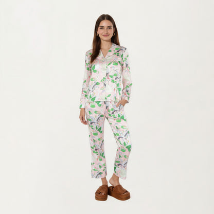 Anna-Kaci Lounge Women's 2-Piece Set Long Sleeve Button Front Pajama Set with Crane Print and Soft Silky Fabric for Relaxed Comfort