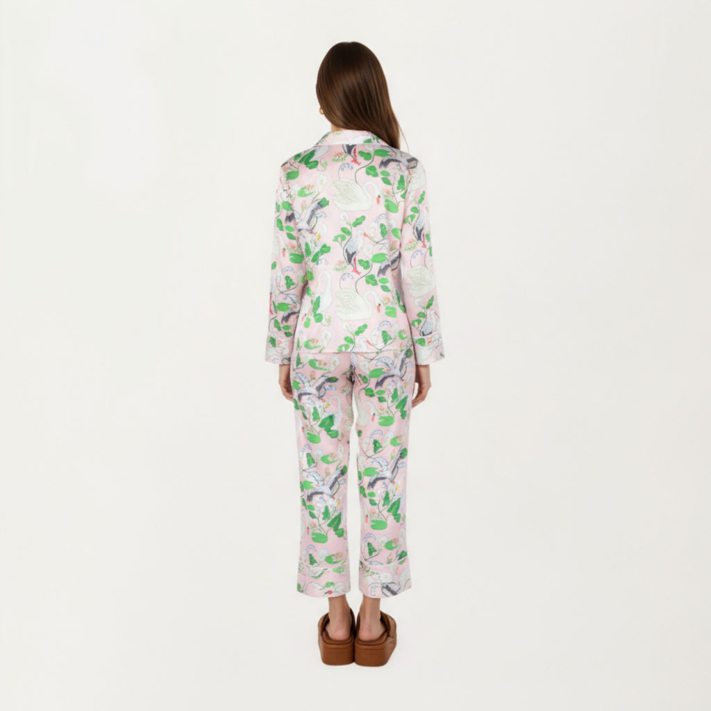 Anna-Kaci Lounge Women's 2-Piece Set Long Sleeve Button Front Pajama Set with Crane Print and Soft Silky Fabric for Relaxed Comfort