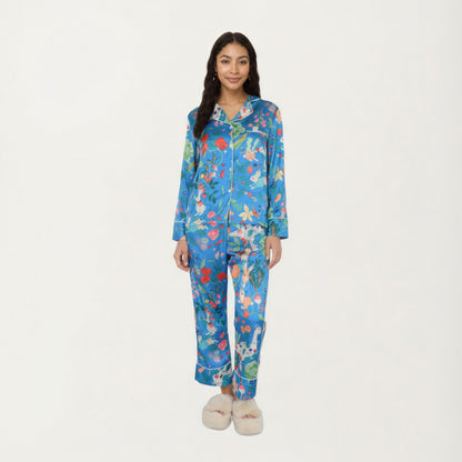 Anna-Kaci Lounge Women's 2-Piece Set Long Sleeve Button Front Pajama Set with Botanical Animal Print and Soft Silky Fabric for Relaxed Comfort