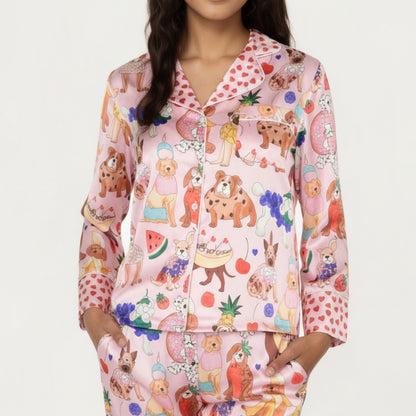 Anna-Kaci Lounge Women's 2-Piece Set Button Front Pajama Set with Playful Dog Print and Soft Silky Fabric for Relaxed Comfort