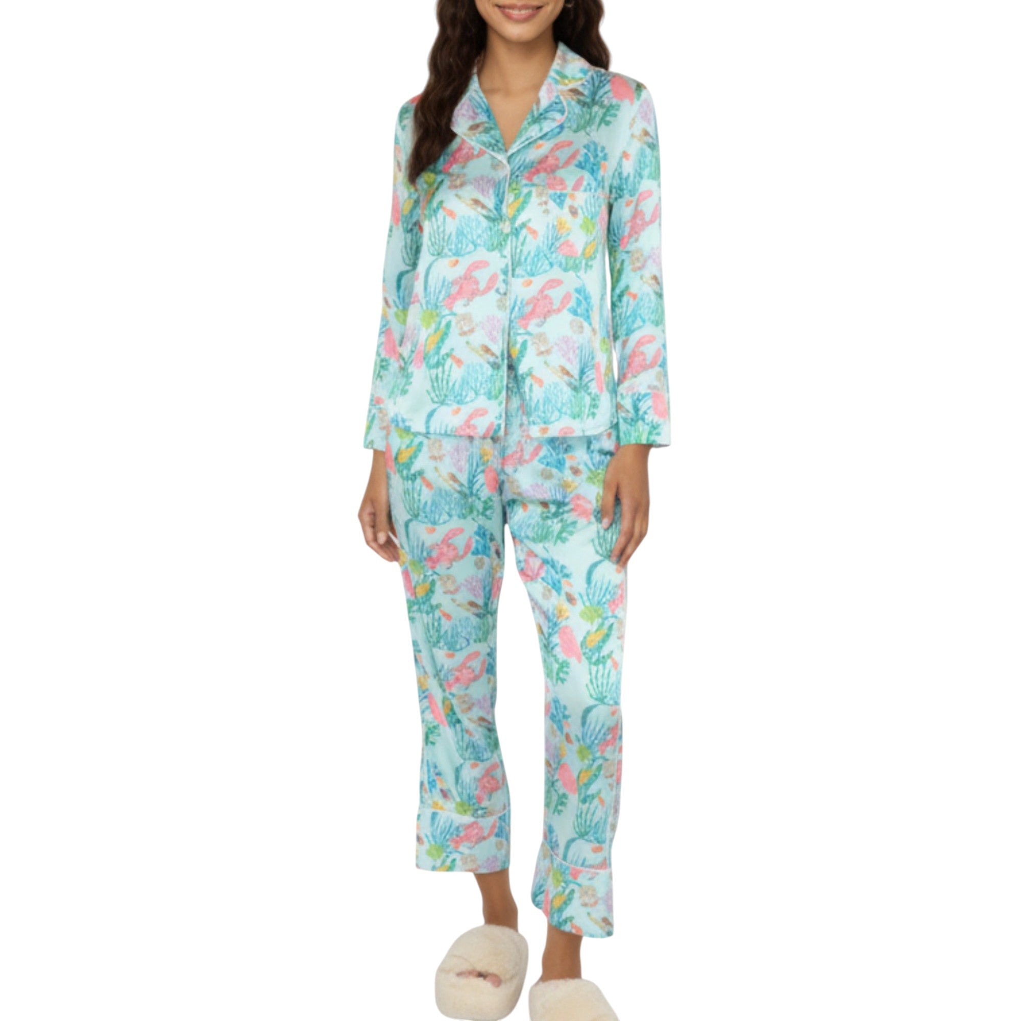 Anna-Kaci Lounge Women's 2-Piece Set Button Front Pajama Set with Ocean Print and Soft Silky Fabric for Relaxed Comfort