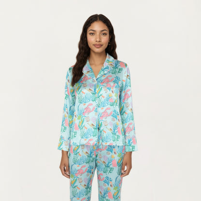 Anna-Kaci Lounge Women's 2-Piece Set Button Front Pajama Set with Ocean Print and Soft Silky Fabric for Relaxed Comfort