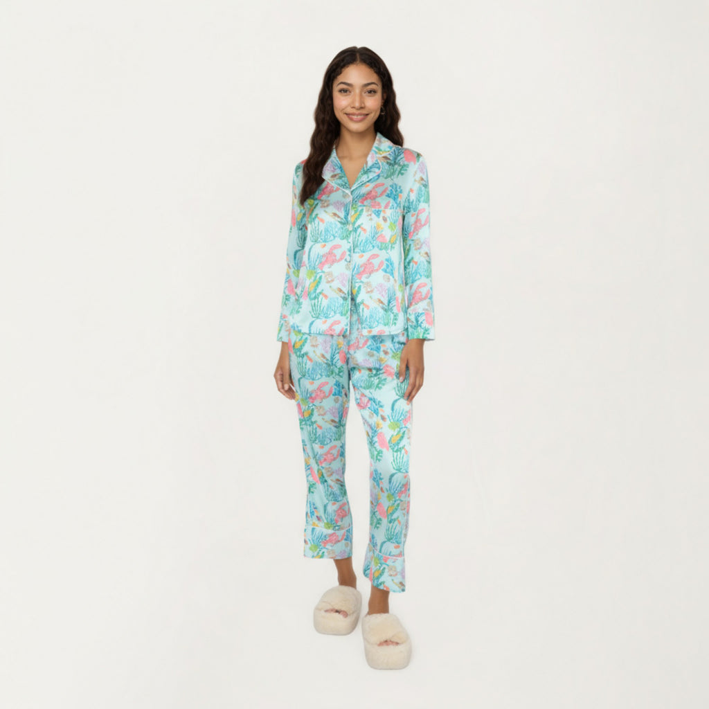 Anna-Kaci Lounge Women's 2-Piece Set Button Front Pajama Set with Ocean Print and Soft Silky Fabric for Relaxed Comfort