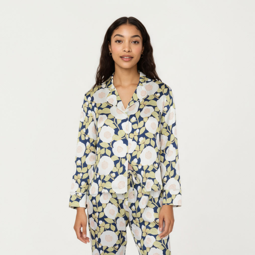 Anna-Kaci Lounge Women's 2-Piece Set Long Sleeve Button Front Pajama Set with Floral Print and Soft Silky Fabric for Relaxed Comfort