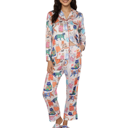 Anna-Kaci Lounge Women's 2-Piece Set Long Sleeve Button Front Pajama Set with Cat Print and Soft Silky Fabric for Relaxed Comfort