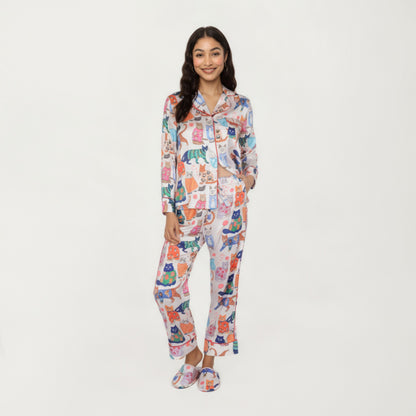 Anna-Kaci Lounge Women's 2-Piece Set Long Sleeve Button Front Pajama Set with Cat Print and Soft Silky Fabric for Relaxed Comfort