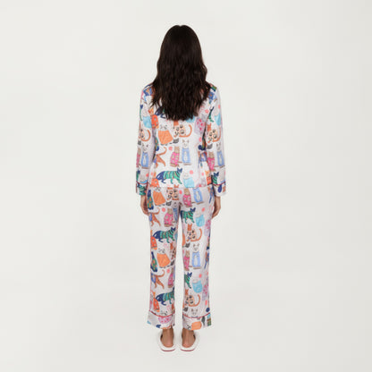 Anna-Kaci Lounge Women's 2-Piece Set Long Sleeve Button Front Pajama Set with Cat Print and Soft Silky Fabric for Relaxed Comfort