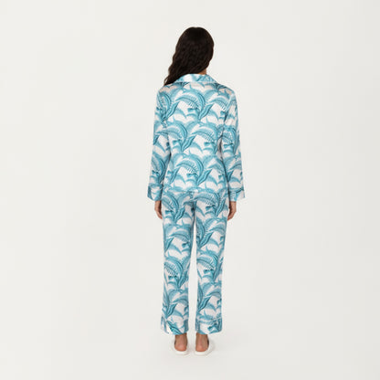 Anna-Kaci Lounge Women's 2-Piece Set Long Sleeve Button Front Pajama Set with Tropical Leaf Print and Soft Silky Fabric for Relaxed Comfort