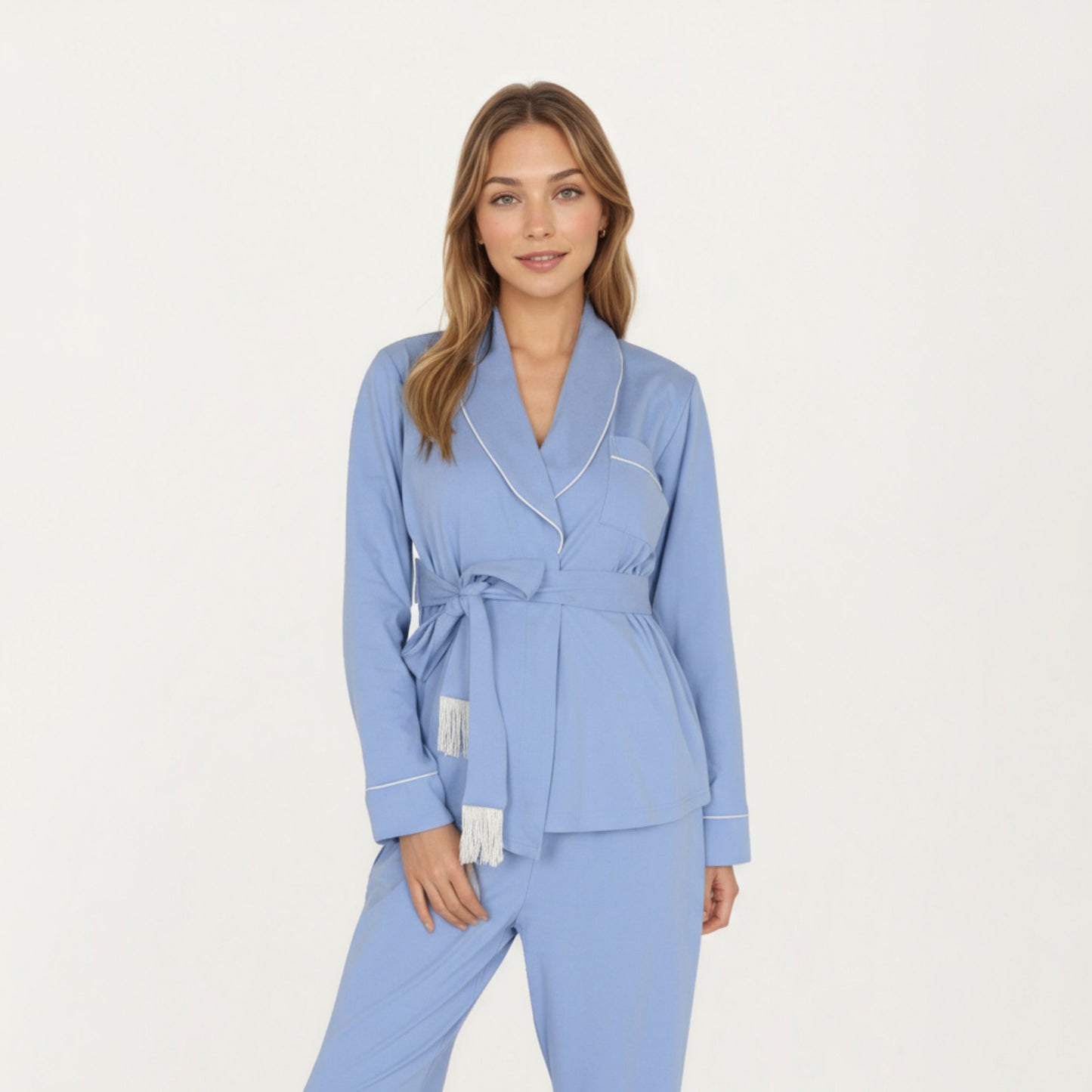 Anna-Kaci Lounge Women's 2-Piece Set Long Sleeve Belted Wrap Top and Relaxed Fit Pants Pajama Set with Shawl Collar and Soft Lightweight Fabric
