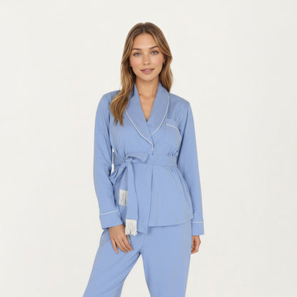 Anna-Kaci Lounge Women's 2-Piece Set Long Sleeve Belted Wrap Top and Relaxed Fit Pants Pajama Set with Shawl Collar and Soft Lightweight Fabric