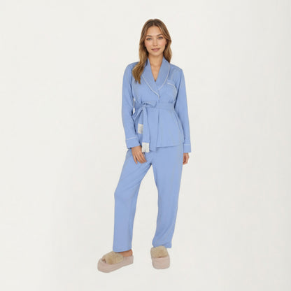 Anna-Kaci Lounge Women's 2-Piece Set Long Sleeve Belted Wrap Top and Relaxed Fit Pants Pajama Set with Shawl Collar and Soft Lightweight Fabric