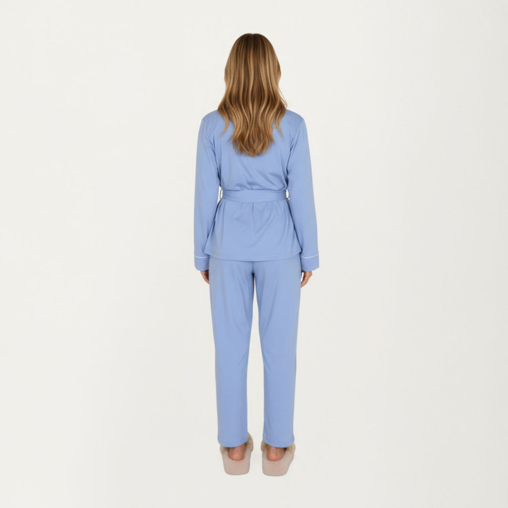 Anna-Kaci Lounge Women's 2-Piece Set Long Sleeve Belted Wrap Top and Relaxed Fit Pants Pajama Set with Shawl Collar and Soft Lightweight Fabric