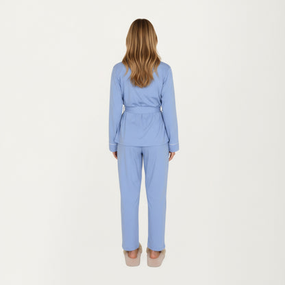 Anna-Kaci Lounge Women's 2-Piece Set Long Sleeve Belted Wrap Top and Relaxed Fit Pants Pajama Set with Shawl Collar and Soft Lightweight Fabric