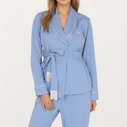 Anna-Kaci Lounge Women's 2-Piece Set Long Sleeve Belted Wrap Top and Relaxed Fit Pants Pajama Set with Shawl Collar and Soft Lightweight Fabric