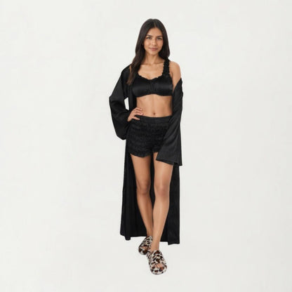 Anna-Kaci Lounge Women's 3-Piece Set Satin Robe with Matching Bralette Top and Elastic Waist Shorts Loungewear Sleepwear Set
