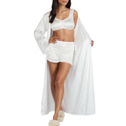Anna-Kaci Lounge Women's 3-Piece Set Satin Robe with Matching Bralette Top and Elastic Waist Shorts Loungewear Sleepwear Set