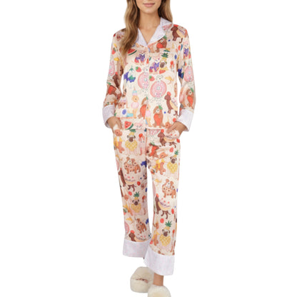 Anna-Kaci Lounge Women's 2-Piece Set Long Sleeve Button Front Top and Relaxed Fit Pants Pajama Set with Fun Dog Print