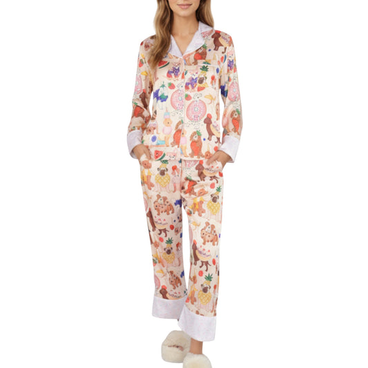 Anna-Kaci Lounge Women's 2-Piece Set Long Sleeve Button Front Top and Relaxed Fit Pants Pajama Set with Fun Dog Print