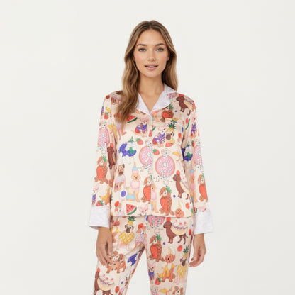 Anna-Kaci Lounge Women's 2-Piece Set Long Sleeve Button Front Top and Relaxed Fit Pants Pajama Set with Fun Dog Print