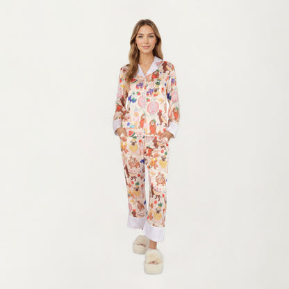 Anna-Kaci Lounge Women's 2-Piece Set Long Sleeve Button Front Top and Relaxed Fit Pants Pajama Set with Fun Dog Print