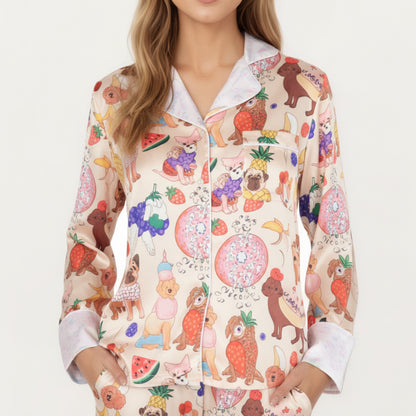 Anna-Kaci Lounge Women's 2-Piece Set Long Sleeve Button Front Top and Relaxed Fit Pants Pajama Set with Fun Dog Print