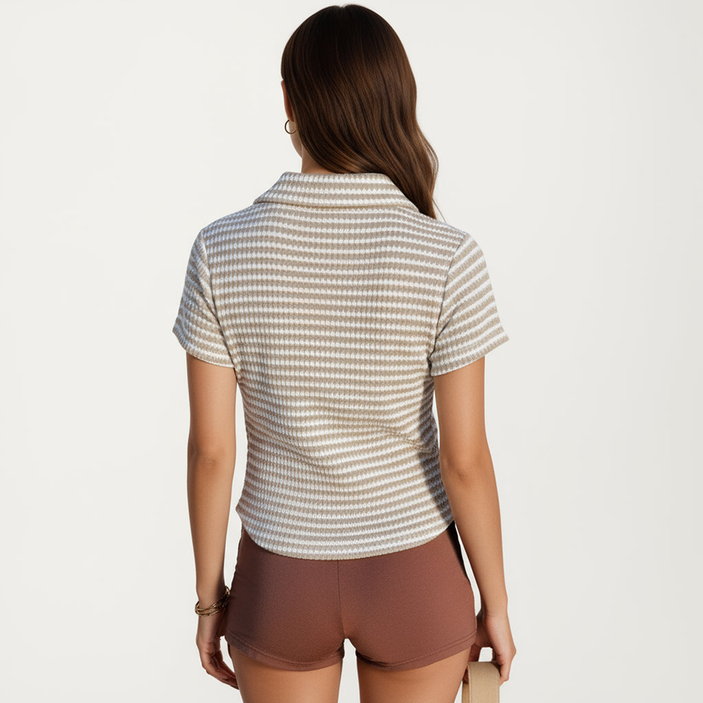 Anna-Kaci Women's Short Sleeve Collared Knit Top with Striped Pattern and V-Neckline