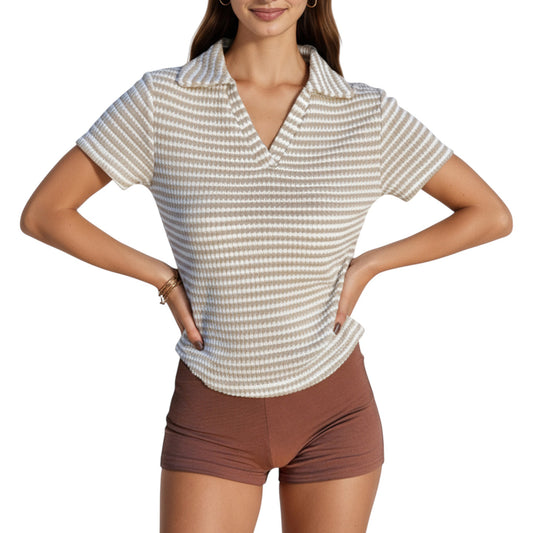 Anna-Kaci Women's Short Sleeve Collared Knit Top with Striped Pattern and V-Neckline