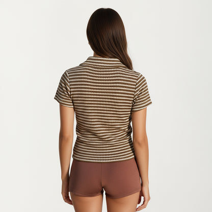 Anna-Kaci Women's Short Sleeve Collared Knit Top with Striped Pattern and V-Neckline