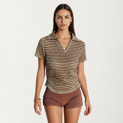 Anna-Kaci Women's Short Sleeve Collared Knit Top with Striped Pattern and V-Neckline