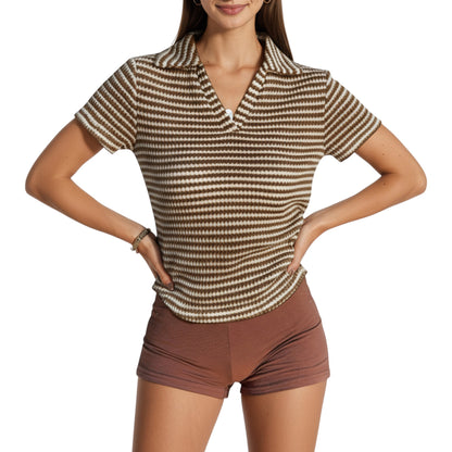 Anna-Kaci Women's Short Sleeve Collared Knit Top with Striped Pattern and V-Neckline