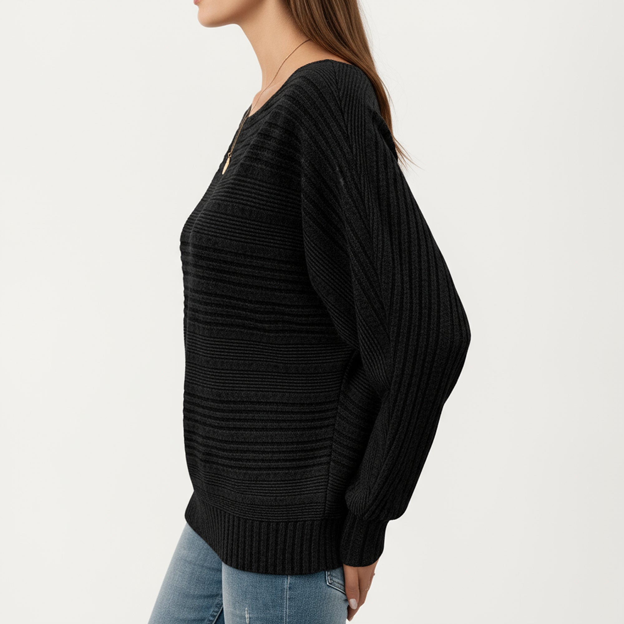 Anna-Kaci Women's Long Sleeve Striped Knit Sweater with Boat Neckline and Relaxed Fit