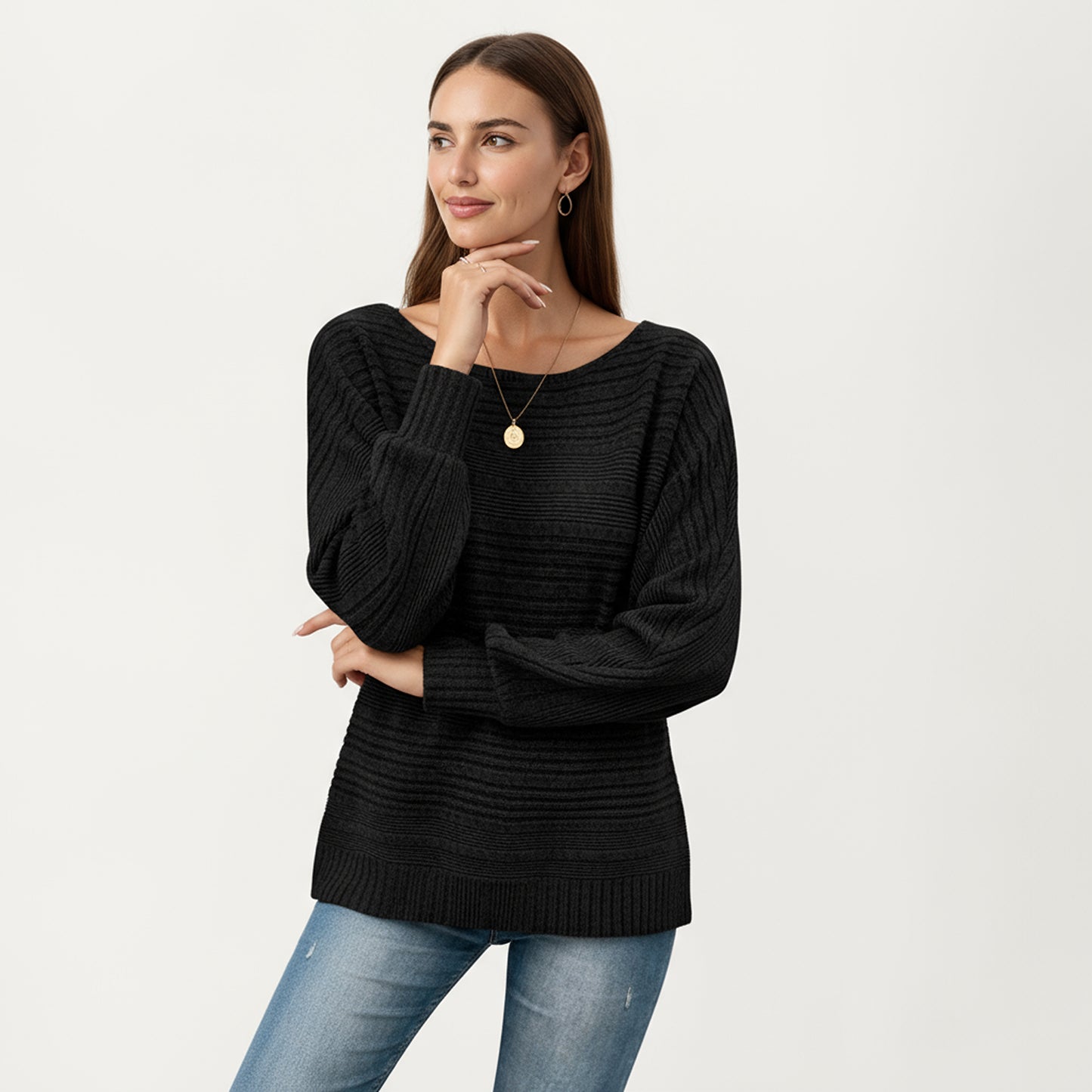 Anna-Kaci Women's Long Sleeve Striped Knit Sweater with Boat Neckline and Relaxed Fit