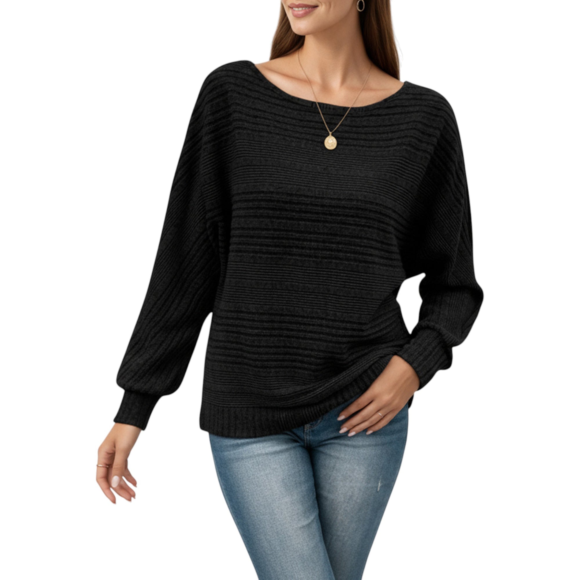 Anna-Kaci Women's Long Sleeve Striped Knit Sweater with Boat Neckline and Relaxed Fit