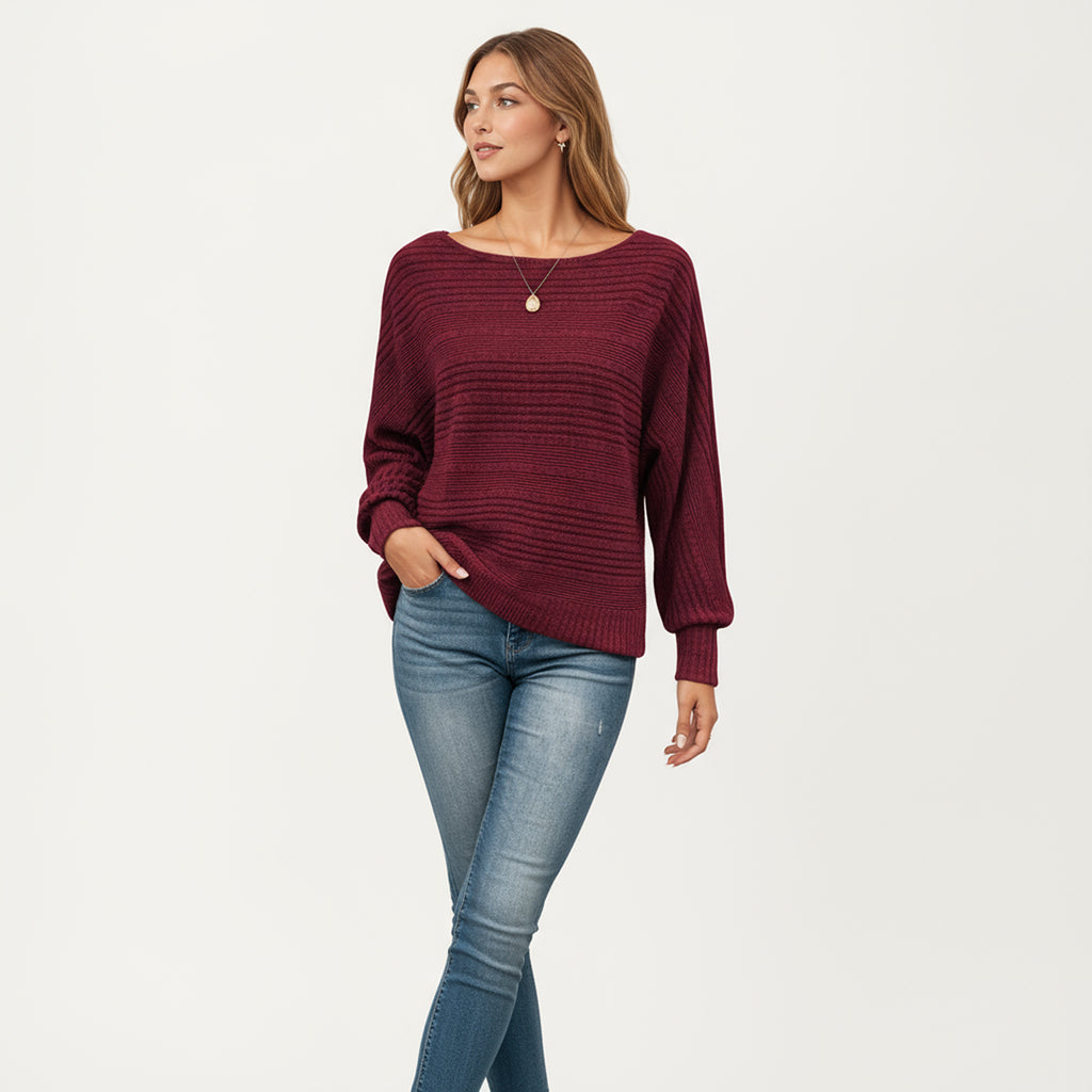 Anna-Kaci Women's Long Sleeve Striped Knit Sweater with Boat Neckline and Relaxed Fit