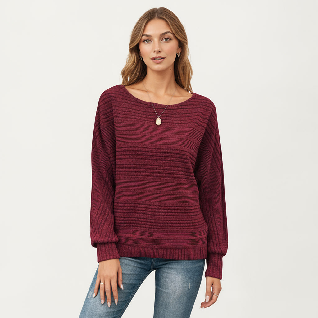 Anna-Kaci Women's Long Sleeve Striped Knit Sweater with Boat Neckline and Relaxed Fit