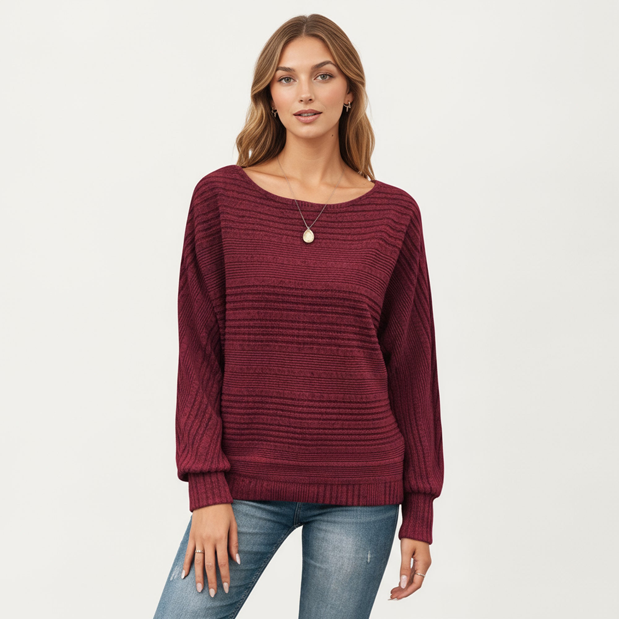 Anna-Kaci Women's Long Sleeve Striped Knit Sweater with Boat Neckline and Relaxed Fit