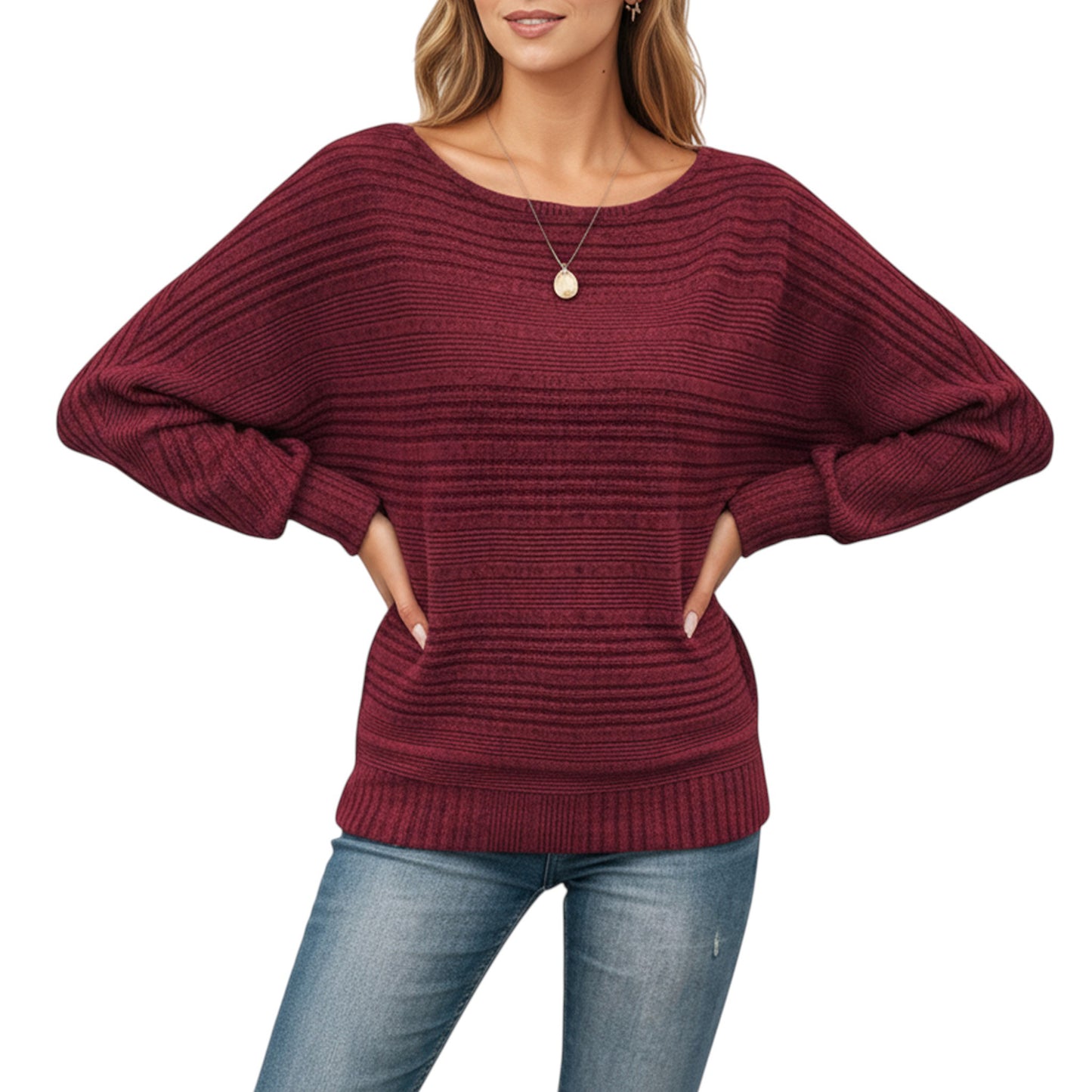 Anna-Kaci Women's Long Sleeve Striped Knit Sweater with Boat Neckline and Relaxed Fit