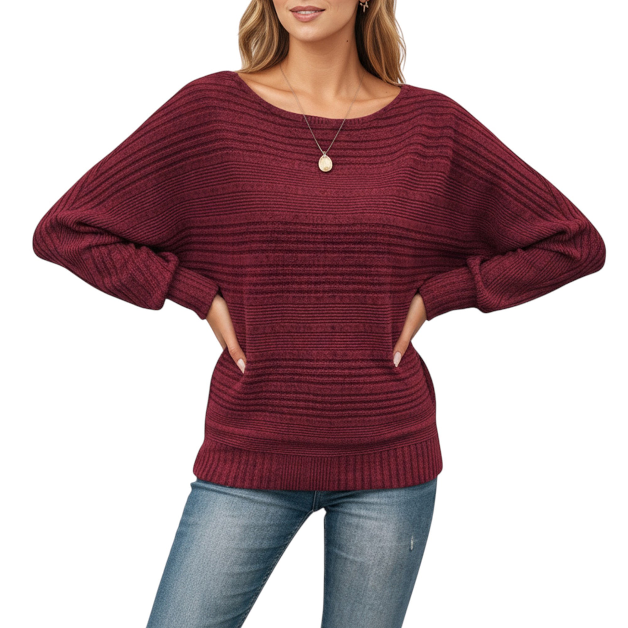 Anna-Kaci Women's Long Sleeve Striped Knit Sweater with Boat Neckline and Relaxed Fit