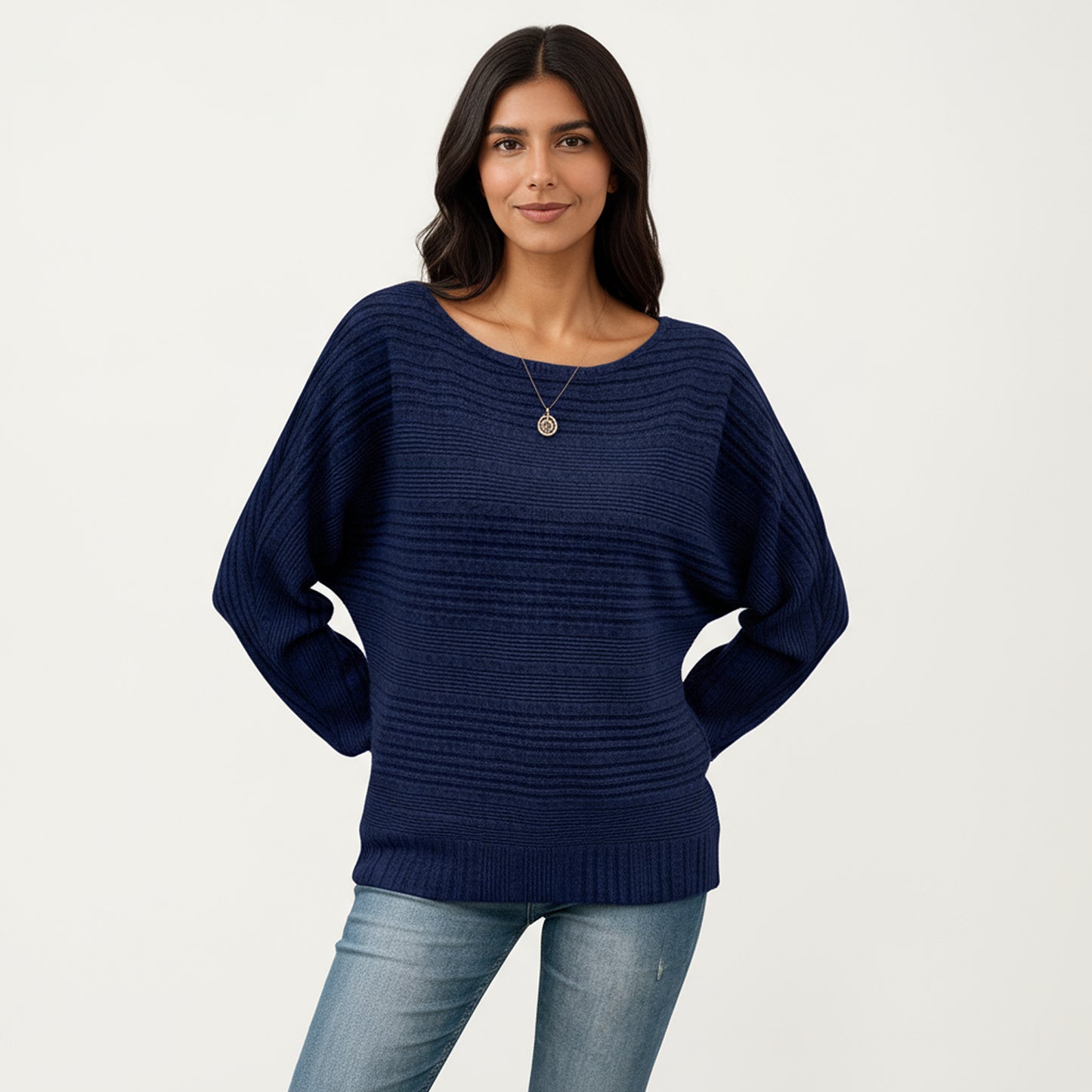 Anna-Kaci Women's Long Sleeve Striped Knit Sweater with Boat Neckline and Relaxed Fit
